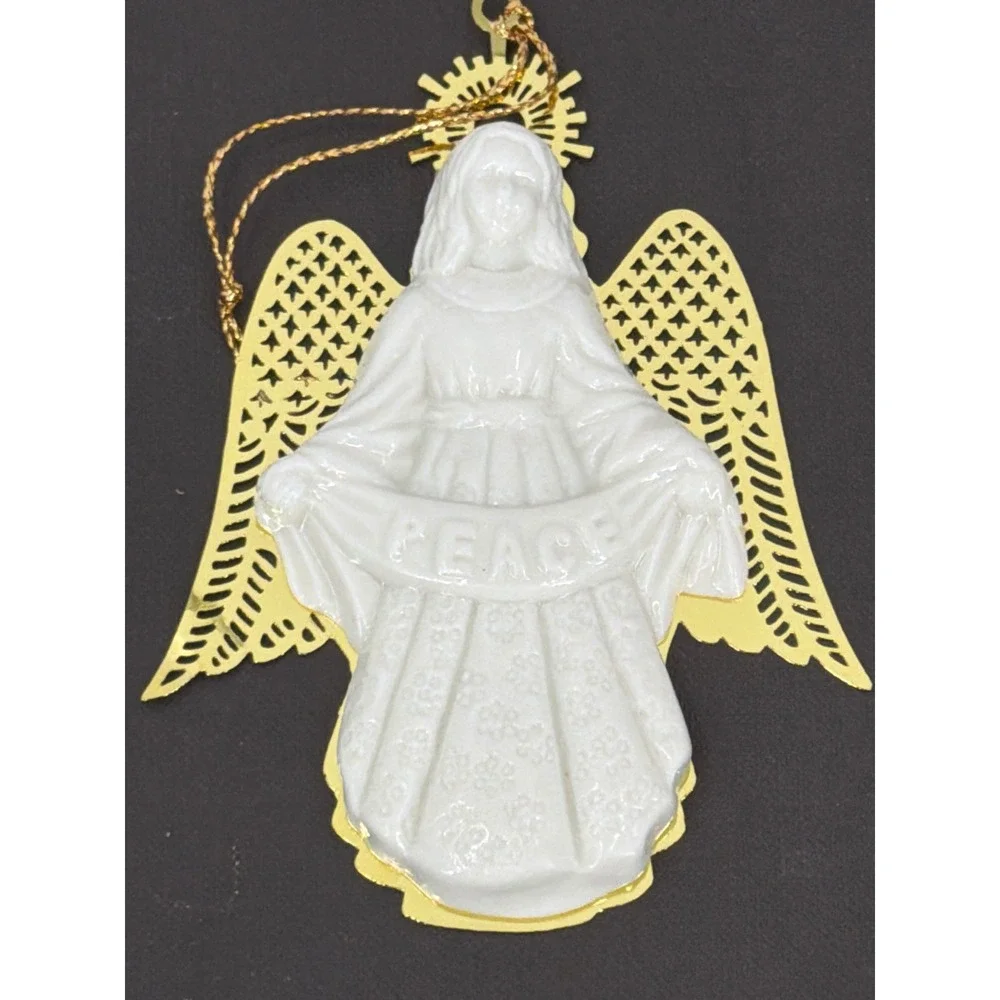 Vtg Porcelain Metal Angel Ornaments Set of 4 Noel Joy Peace Merry Christmas